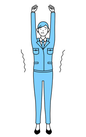 Management, managers, plant manager, a senior woman in work wear stretching and standing tall.のイラスト素材