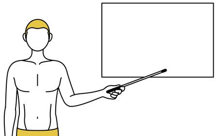 Hair removal and Men's esthetics image, A man in underwear pointing at a whiteboard with an indicator stick.のイラスト素材