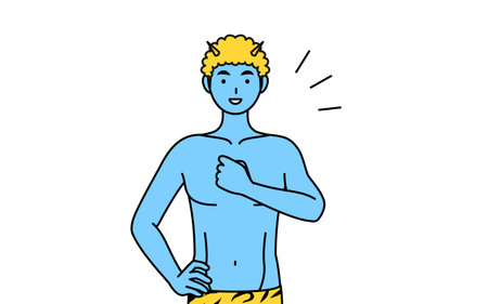 Traditional Japanese event, Setsubun at February, A Blue ogre man wearing tiger print pants tapping his chest.のイラスト素材