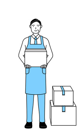 A senior man in an apron working to carry cardboard boxesのイラスト素材