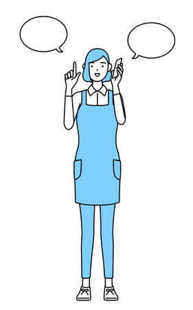 A woman in an apron pointing while on the phone.のイラスト素材