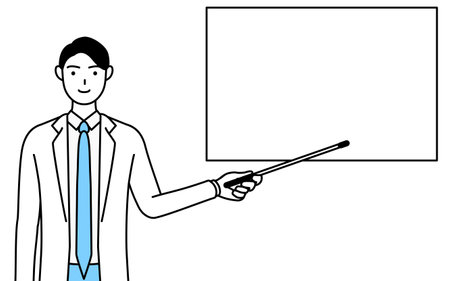 A man doctor in white coats pointing at a whiteboard with an indicator stick.のイラスト素材