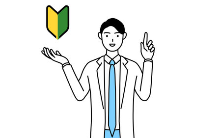 A man doctor in white coats showing the symbol for young leaves.のイラスト素材