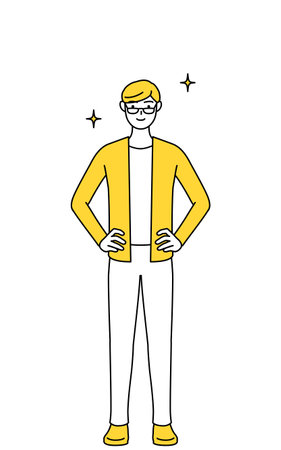 A casually dressed young man with his hands on his hips.のイラスト素材
