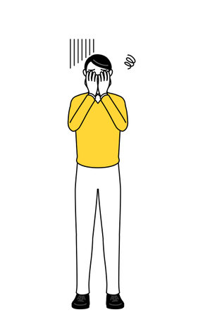 Retired seniors, middle-aged man, covering her face in depression.のイラスト素材