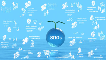 Environmental protection image of the SDGs, Sustainable Development Goal Icon 17 with ocean and green background, Ecological imageの写真素材