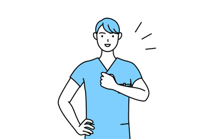 Male nurse, physical therapist, occupational therapist, speech therapist, nursing assistant in Uniform tapping his chest, Vector Illustrationのイラスト素材