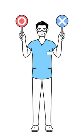 Middle aged, Senior Male nurse, physical therapist, occupational therapist, speech therapist, nursing assistant in Uniform holding a placard indicating correct and incorrect answers, Vector Illustrationのイラスト素材
