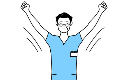 Middle aged, Senior Male nurse, physical therapist, occupational therapist, speech therapist, nursing assistant in Uniform doing radio calisthenics, preparation for accident prevention, Vector Illustrationのイラスト素材