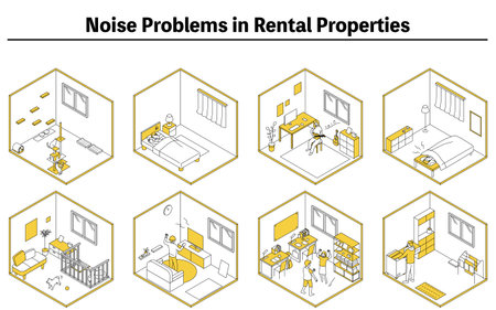 Noise problems in rental properties: Noise from living in apartments and condominiums, Vector Illustrationのイラスト素材