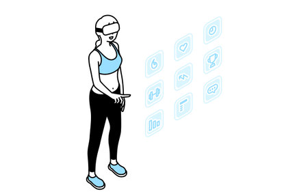 Woman touching the menu icon in the air, VR fitness app, wearing VR goggles, Vector Illustrationのイラスト素材