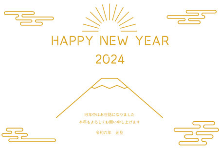 Japanese-style New Year's card for 2024, simple line drawing of Mt. Fuji and the first sunrise of the year - Translation: Thank you again this year.のイラスト素材