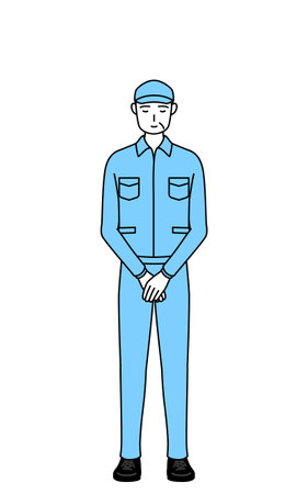 Senior man in hat and work clothes bowing with folded hands, Vector Illustrationのイラスト素材