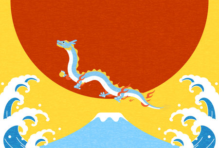 Cute New Year's greeting card for the year of the dragon 2024, dragon, Fuji, the first sunrise and waves, New Year postcard material.のイラスト素材