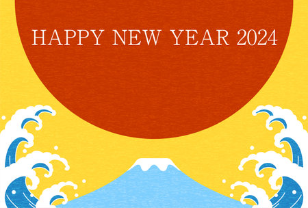 Cute New Year's cards without Chinese zodiac signs for 2024, Fuji, sunrise and waves, New Year's postcard material, Vector Illustrationのイラスト素材