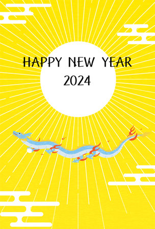 Cute dragon year 2024 New Year's greeting card, first sunrise and dancing dragon, New Year's postcard material, Vector Illustrationのイラスト素材