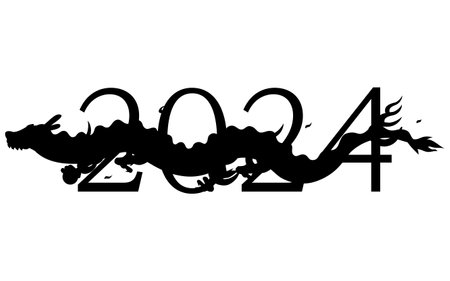 Year of the Dragon 2024, set of numbers and cute dragon (serpent) black shilhouette, New Year's postcard material, Vector Illustrationのイラスト素材