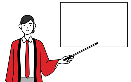 Woman wearing a red happi coat pointing at a whiteboard with an indicator stick, Vector Illustrationのイラスト素材