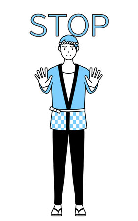 Man wearing Happi coat for summer festivals with his hands out in front of his body, signaling a stop, Vector Illustrationのイラスト素材