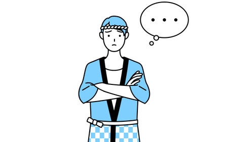 Man wearing Happi coat for summer festivals with crossed arms, deep in thought, Vector Illustrationのイラスト素材