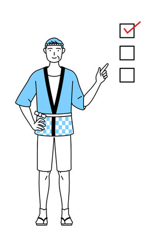 Senior man wearing Happi coat for summer festivals pointing to a checklist, Vector Illustrationのイラスト素材