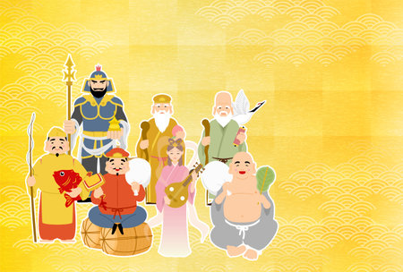 Japanese New Year's greeting card for the year of the Dragon, 2024, Seven Lucky Gods with a Japanese pattern background blue sea waves and gold leaf - Translation: Happy New Year, thank you again this year. Reiwa 6.のイラスト素材