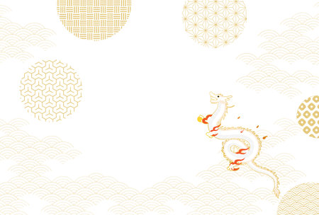 2024 Dragon New Year's greeting card with dragon(serpent)  and Japanese pattern background blue sea waves, Vector Illustrationのイラスト素材