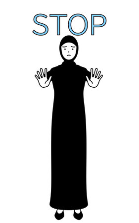 Muslim Woman with her hands out in front of her body, signaling a stop, Vector Illustrationのイラスト素材