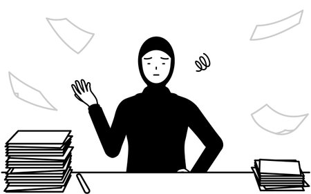 Muslim Woman who is fed up with her unorganized business, Vector Illustrationのイラスト素材