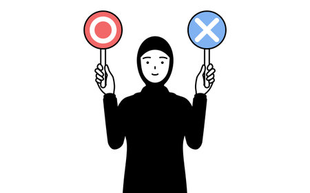 Muslim Woman holding a placard indicating correct and incorrect answers, Vector Illustrationのイラスト素材
