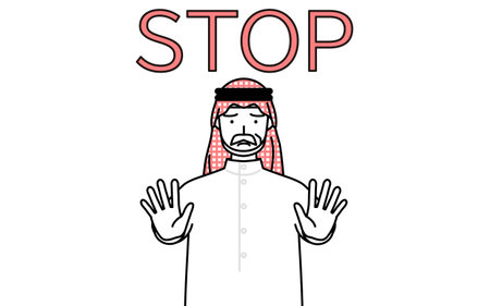 Senior Muslim Man with his hands out in front of his body, signaling a stop, Vector Illustrationのイラスト素材