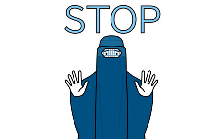 Muslim woman in burqa with her hands out in front of her body, signaling a stop, Vector Illustrationのイラスト素材