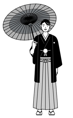 Man wearing Hakama with crest is holding a Japanese umbrella with smile, Vector Illustrationのイラスト素材