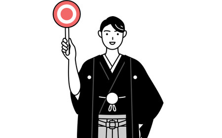 Man wearing Hakama with crest holding a maru placard that shows the correct answer, Vector Illustrationのイラスト素材