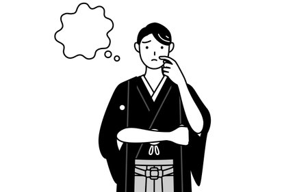 Man wearing Hakama with crest thinking while scratching his face, Vector Illustrationのイラスト素材