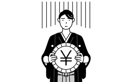 Man wearing Hakama with crest an image of exchange loss or yen depreciation, Vector Illustrationのイラスト素材