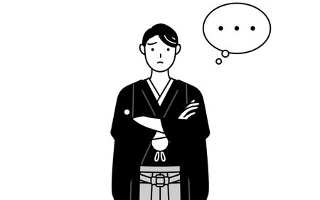 Man wearing Hakama with crest with crossed arms, deep in thought, Vector Illustrationのイラスト素材