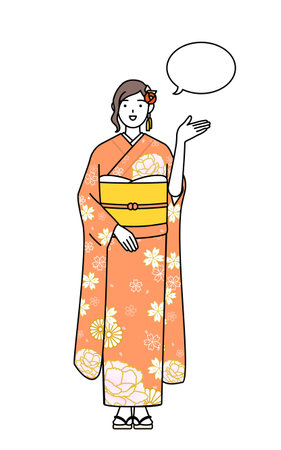 Hatsumode at New Year's and coming-of-age ceremonies, graduation ceremonies, weddings, etc, Woman in furisode giving directions, with a wipeout, Vector Illustrationのイラスト素材