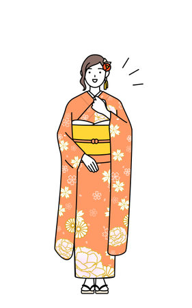 Hatsumode at New Year's and coming-of-age ceremonies, graduation ceremonies, weddings, etc, Woman in furisode tapping her chest, Vector Illustrationのイラスト素材