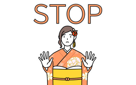 Hatsumode at New Year's and coming-of-age ceremonies, graduation ceremonies, weddings, etc, Woman in furisode with her hands out in front of her body, signaling a stop, Vector Illustrationのイラスト素材