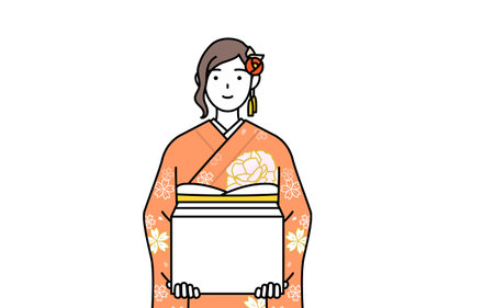 Hatsumode at New Year's and coming-of-age ceremonies, graduation ceremonies, weddings, etc, Woman in furisode working to carry cardboard boxes, Vector Illustrationのイラスト素材