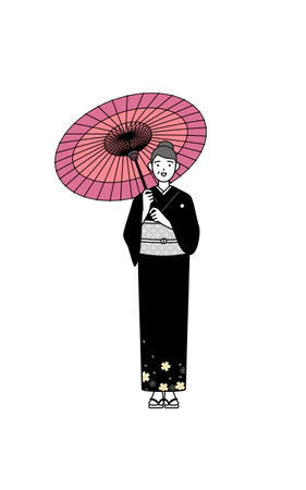 New Year's greeting and weddings, Senior woman in kimono is holding a Japanese umbrella with smile, Vector Illustrationのイラスト素材