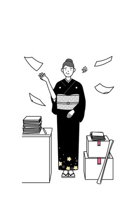 New Year's greeting and weddings, Senior woman in kimono who is fed up with her unorganized business, Vector Illustrationのイラスト素材