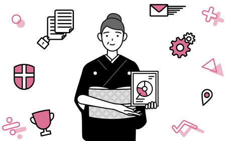 Image of DX, New Year's greeting and weddings, Senior woman in kimono using digital technology to improve her business, Vector Illustrationのイラスト素材