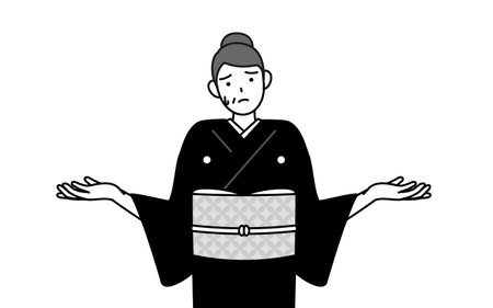 New Year's greeting and weddings, Senior woman in kimono in trouble shrugging her shoulders and spreading her hands, Vector Illustrationのイラスト素材