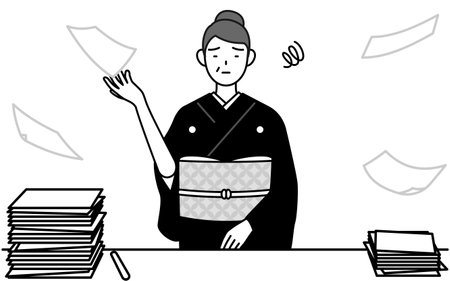 New Year's greeting and weddings, Senior woman in kimono who is fed up with her unorganized business, Vector Illustrationのイラスト素材