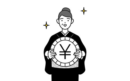New Year's greeting and weddings, Senior woman in kimono an image of foreign exchange gains and yen appreciation, Vector Illustrationのイラスト素材