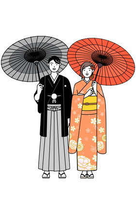 Smiling men and women in kimonos with Japanese umbrellas on New Year's day for New Year's visits and sightseeing, Vector Illustrationのイラスト素材