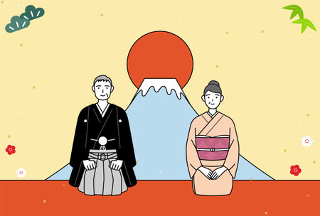 New Year's card for 2024, middle-aged man and woman in kimono, Mt. Fuji and the first sunrise of the year, Vector Illustrationのイラスト素材