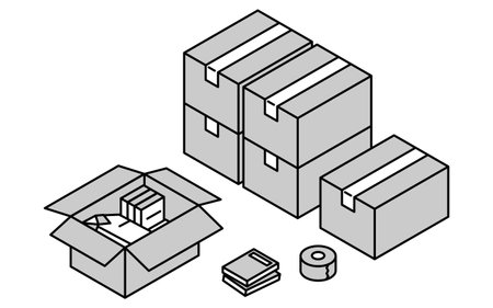 Finding a room for rent: preparing to move in, simple isometric, monochrome, Vector Illustrationのイラスト素材